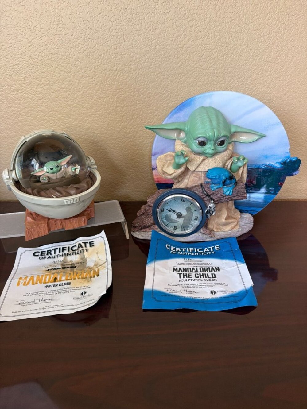 Star Wars Mandalorian Grogu Lot Bradford Exchange Clock & Water Globe w/COA